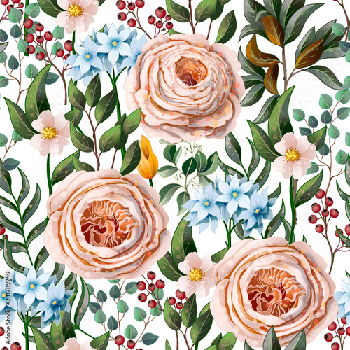 Seamless pattern with English roses and other flowers in vintage victorian stlyle. Vector.