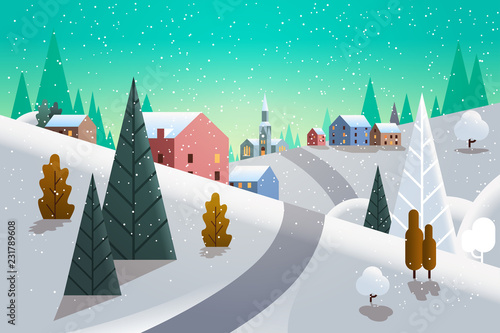 winter village houses mountains hills landscape snowfall background horizontal flat vector illustration