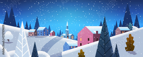 night winter village houses mountains hills landscape snowfall background horizontal banner flat vector illustration