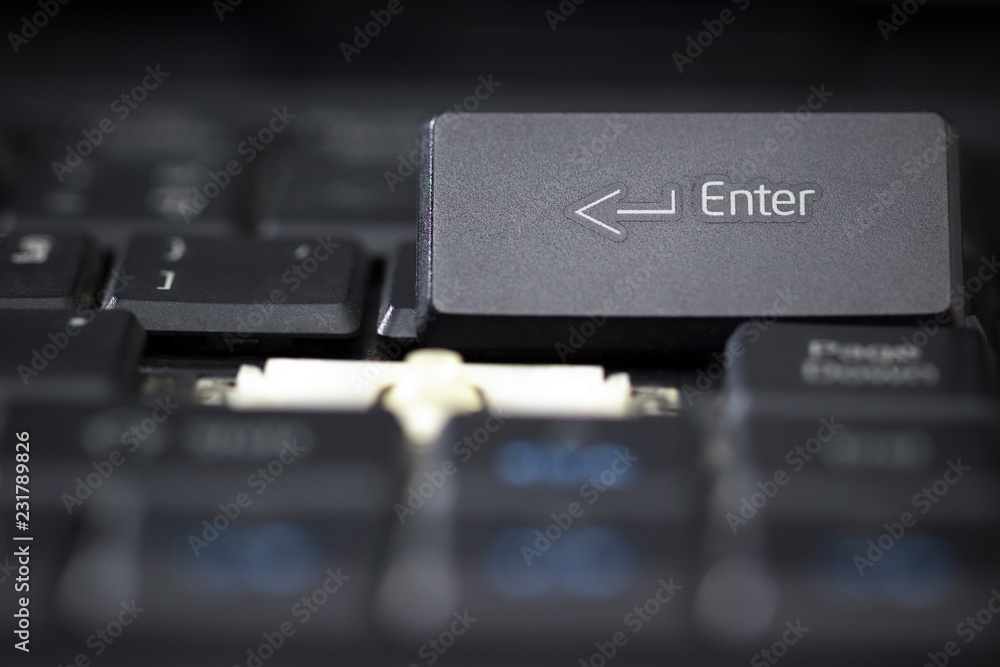 Enter button of laptop keyboard has crashed. Concept of technology failure. Enter button of laptop keyboard has crashed. Concept of technology failure.