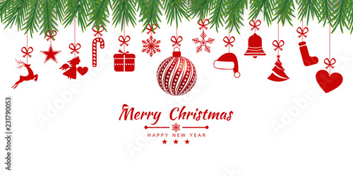 Christmas background with Christmas res balls, snowflakes, on white background