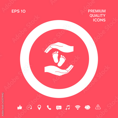 Hands holding baby foot, protection symbol. Graphic elements for your design