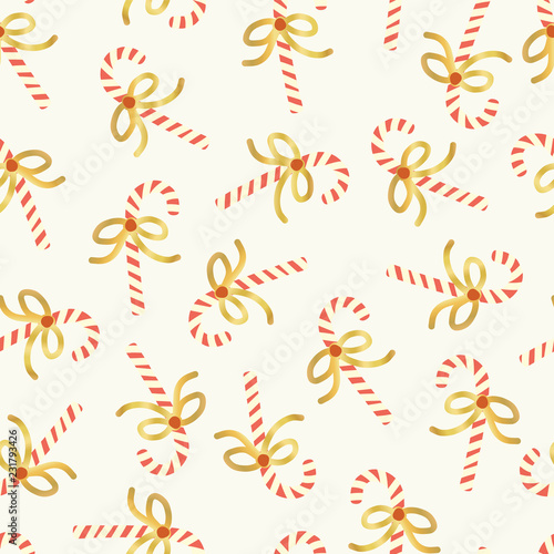 Candy Cane seamless vector pattern. Christmas repeating background with hand drawn candy canes with shiny gold foil bows on white. For wrapping paper, gift wrap, Christmas greeting card, web banners