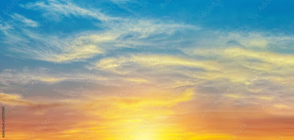 bright orange sunset sky with sun light wide nature for banner background