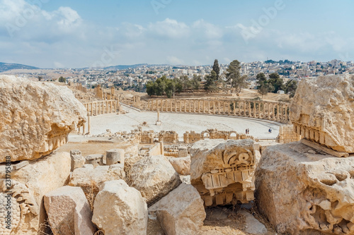 Oval Forum in the ancient Roman city of Gerasa, preset-day Jerash, Jordan. It is located about 48 km north of Amman.