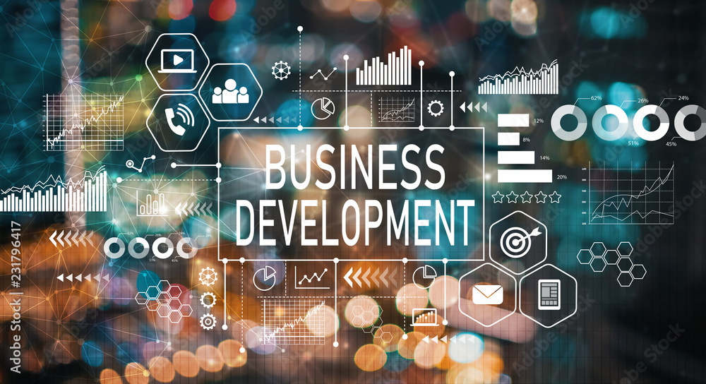 Business development with blurred city abstract lights background - obrazy, fototapety, plakaty 