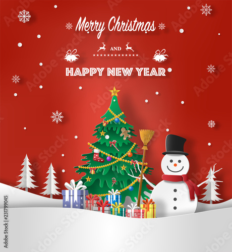 Paper art style of landscape with a christmas tree, many present boxs and a snowman, Merry Christmas and Happy New Year concept.