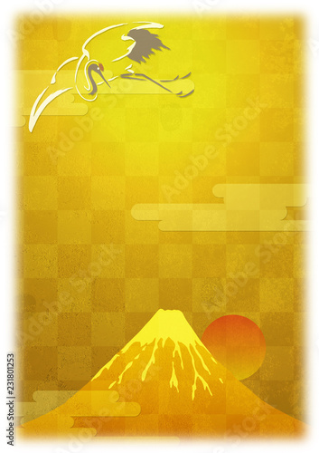 富士山・鶴・金箔市松模様（正月素材）