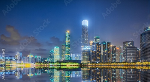 Architectural Skyline of Zhujiang New Town in Guangzhou at Dusk Blue
