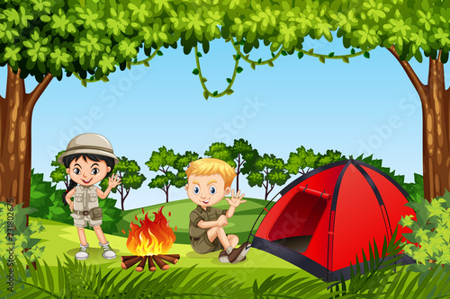 Two children camping in the woods
