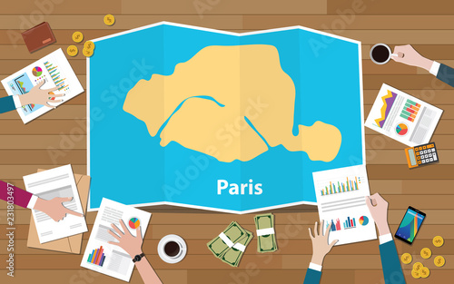 paris capital france city region economy growth with team discuss on fold maps view from top