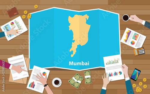 mumbai bombay india city region economy growth with team discuss on fold maps view from top