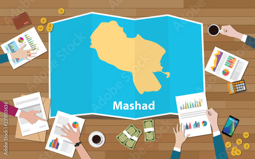 mashad meshad iran city region economy growth with team discuss on fold maps view from top