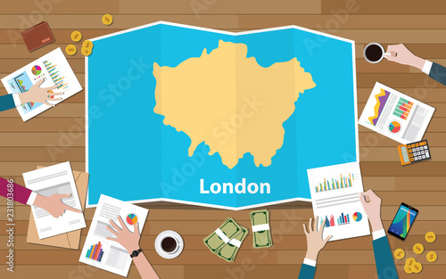 london city business development economy with team discuss together on top of wooden table vector illustration