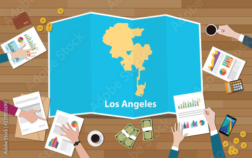 los angeles usa united states america city region economy growth with team discuss on fold maps view from top