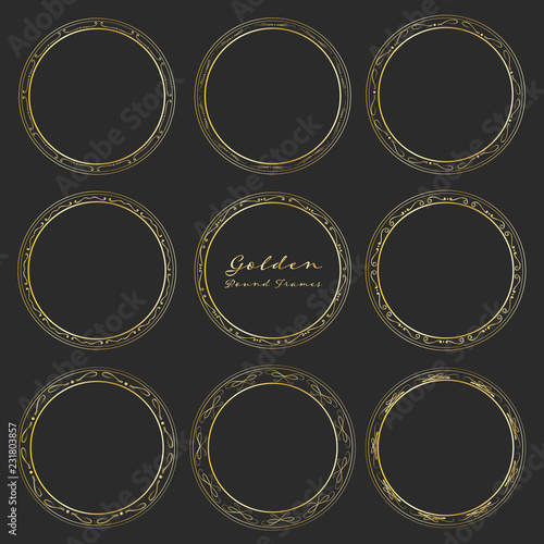 Set of golden round frames for decoration, Decorative round frames. Vector illustration.