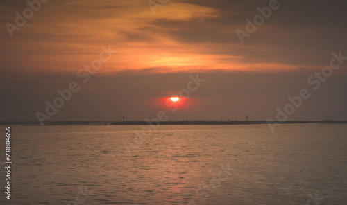 Beautiful panoramic view of  ocean tranquil at sunset,Two boats are stationary.copy space For text. © Thasist