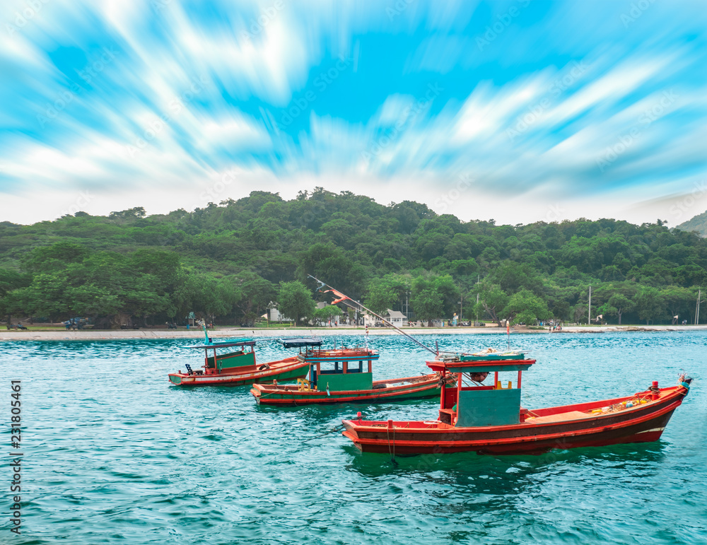 three boats of koh sichang popular with good weather in Chon Buri province at Thailand 
