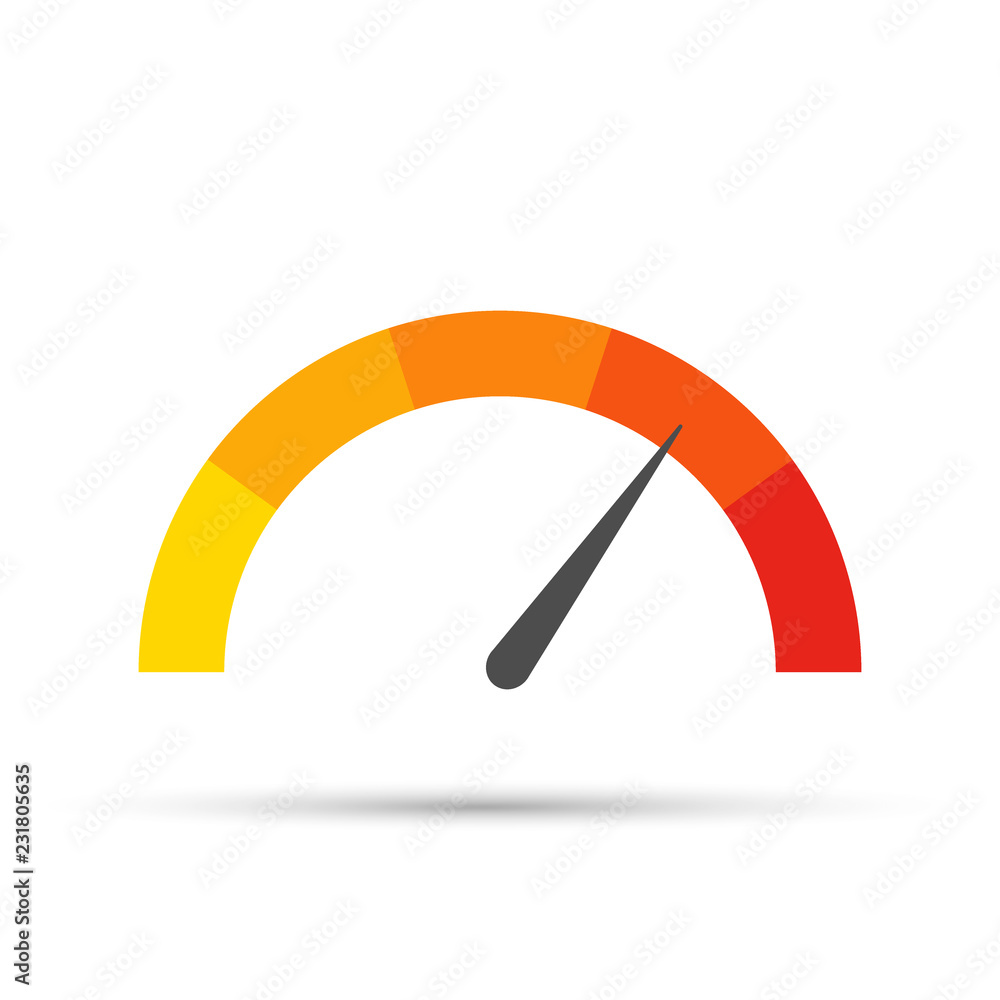 Round temperature gauge, isolated on white background. Colored measuring semicircle scale in flat style