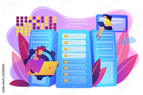 Database analysts with laptops working with data in data center. Big data storage, big data architecture, real-time data analytics concept. Bright vibrant violet vector isolated illustration