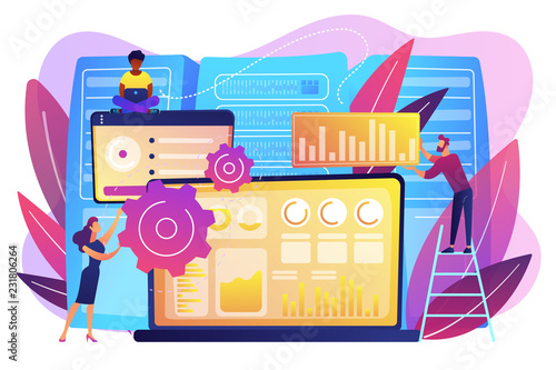 Laptop with data visualization software and developers working. Big data visualization, big data analytics, visualization software concept. Bright vibrant violet vector isolated illustration