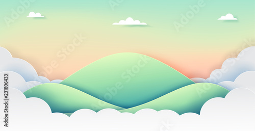 Green nature landscape background with mountains,clouds and sky of paper art style.Vector illustration.