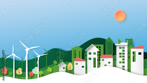 Ecology and environment conservation creative idea concept design.Green eco urban city and nature landscape background paper art style.Vector illustration.