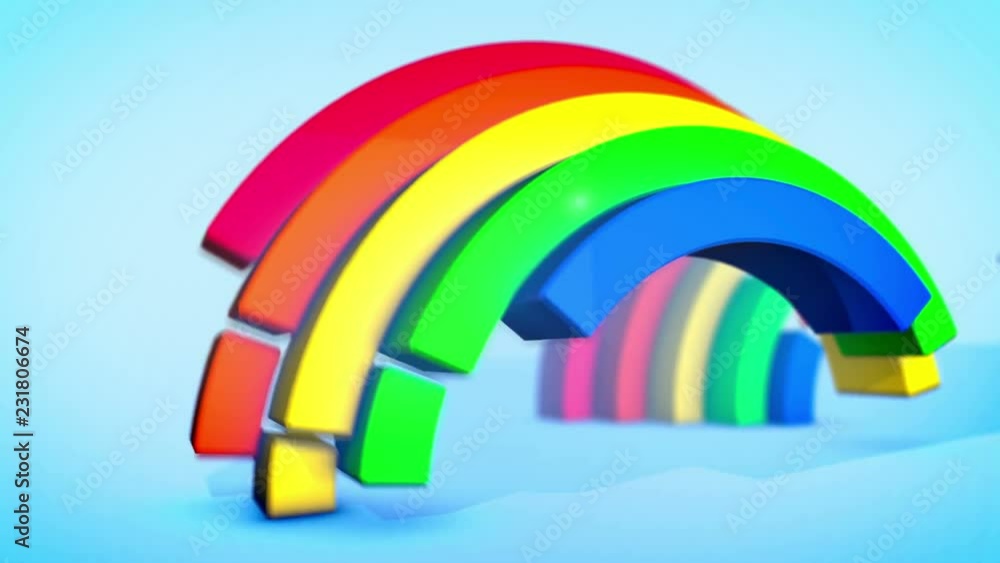 A jovial 3d rendering of three rainbow arches jumping diagonally in spiral ways in the celeste background. They generate the mood of optimism and cheerfulness in seamless loop.