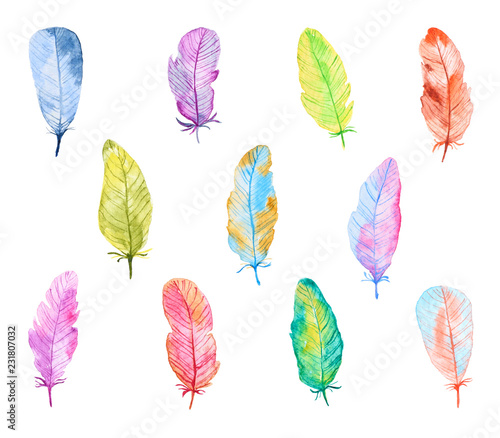 Set of Colorful Watercolor Feathers. Hand Drawn and Painted. Isolated on White Background. Part 2 © Geschaft