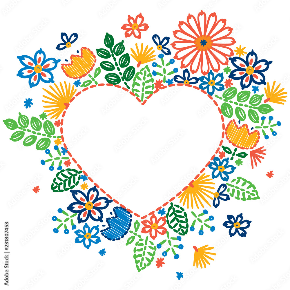 Vector decorative floral embroidery pattern, Heart shape ornament for greeting card, textile or interior decor. Happy Valentine's day design. Bohemian handmade style background.