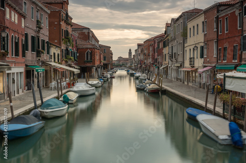 Long exposure view on rio del vetrai in Murano at sunset