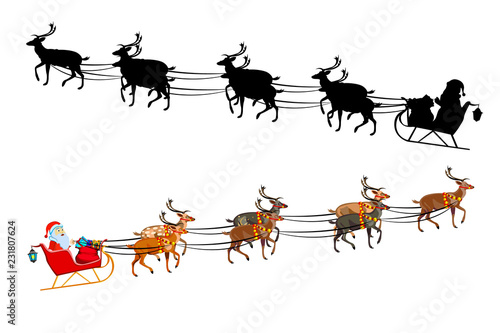 Santa Claus on a sleigh with reindeer, with a handful of gifts. Silhouette of santa claus.