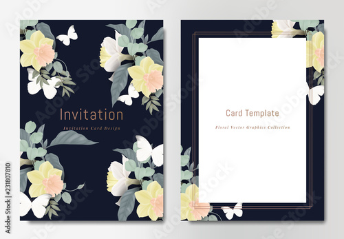 Fototapeta Naklejka Na Ścianę i Meble -  Botanical wedding invitation card template design, bouquets of yellow and white daffodil flowers with leaves and butterflies on dark blue background, vintage style