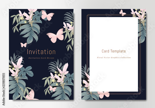 Botanical wedding invitation card template design, bouquets of pink Curcuma alismatifolia flowers with leaves and butterflies on dark blue background, vintage style photo