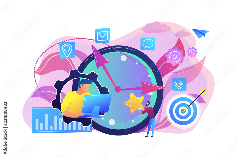 Businessman trying to accomplish tasks and goals on time and big clock and computer. Time management, effective time spending, time planning concept. Bright vibrant violet vector isolated illustration - obrazy, fototapety, plakaty 