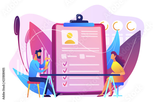 Employer meeting job applicant at pre-employment assessment. Employee evaluation, assessment form and report, performance review concept. Bright vibrant violet vector isolated illustration
