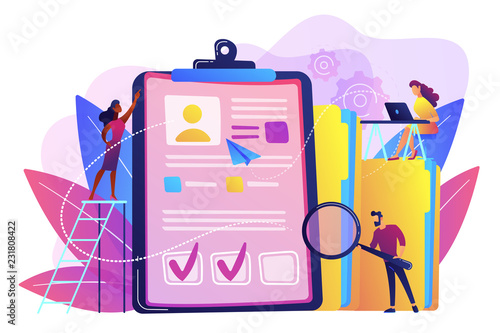 Recruiters and managers searching for candidate in huge CV for position. Recruitment agency, human resources service, recruitment network concept. Bright vibrant violet vector isolated illustration