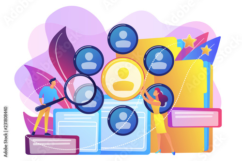 Human resourses managers doing professional staff research with magnifier. Human resources, HR team work and headhunter service concept. Bright vibrant violet vector isolated illustration