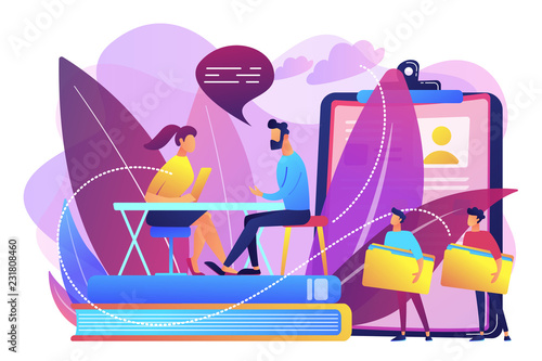 HR specialist having an interview with job applicant and candiadates waiting. Job interview, employment process, choosing a candidate concept. Bright vibrant violet vector isolated illustration