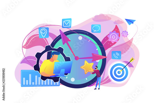 Businessman trying to accomplish tasks and goals on time and big clock and computer. Time management, effective time spending, time planning concept. Bright vibrant violet vector isolated illustration