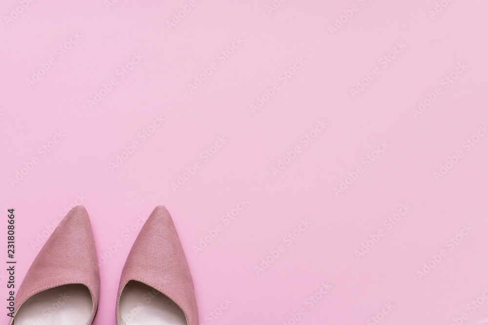 Stylish pink suede ladies shoes and copy space Stylish pink suede ladies shoes and copy space