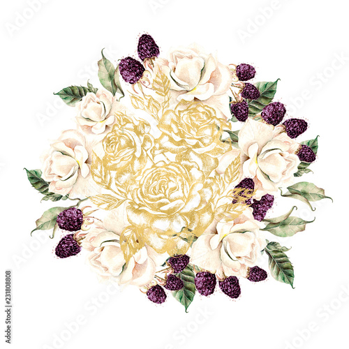 Bouquet with gold graphic and watercolor flowers and berries.