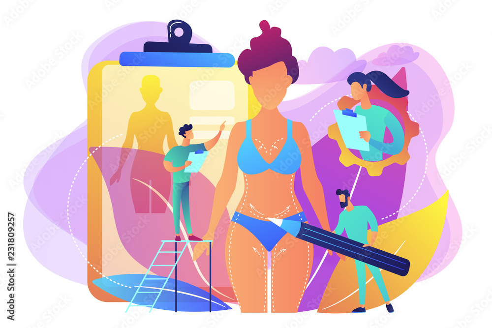 Plastic surgeons doing pencil marks and preparing body contouring of woman. Body contouring, body correction surgery, body plastic service concept. Bright vibrant violet vector isolated illustration