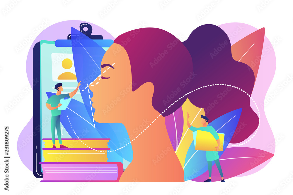 Plastic surgeon correcting the form of the woman's nose for rhinoplasty. Rhinoplasty, nose correction procedure, surgical rhinoplasty concept. Bright vibrant violet vector isolated illustration Plastic surgeon correcting the form of the woman's nose for rhinoplasty. Rhinoplasty, nose correction procedure, surgical rhinoplasty concept. Bright vibrant violet vector isolated illustration