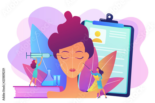 Surgeons with syringe doing facial contouring surgery to woman. Facial contouring, medical face sculpting, facial correction surgery concept. Bright vibrant violet vector isolated illustration