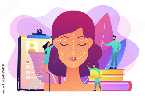 Plastic surgeons working on facelift surgery for woman's face with wrinkles. Face lifting, rhytidectomy procedure, facelift surgery concept. Bright vibrant violet vector isolated illustration