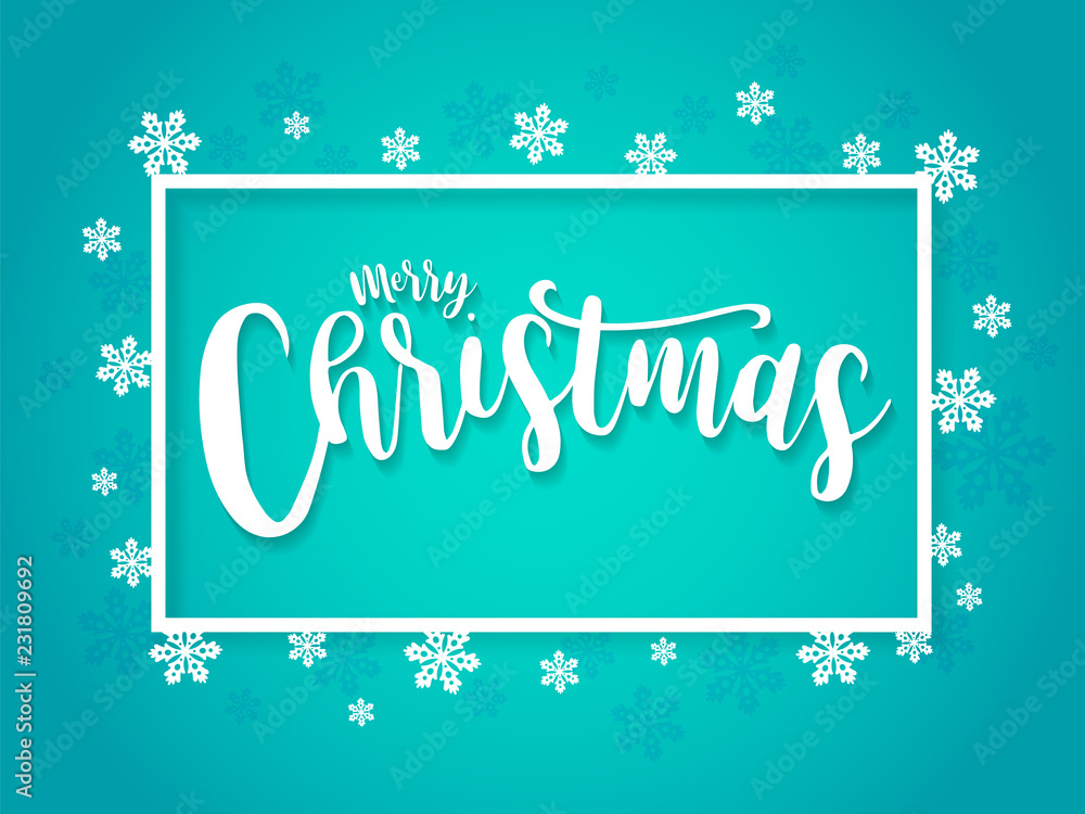 Merry Christmas in rectangle, lettering design. Illustration for greeting card, banner, poster and invitation.