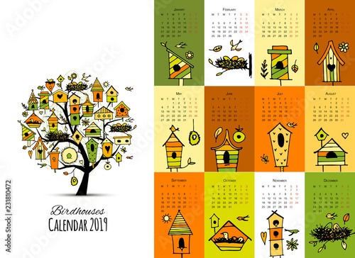 Birdhouses on tree, calendar 2019 design