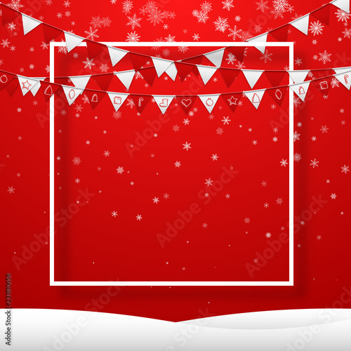 Red festive background with square frame, flags and snow. Template for winter or Christmas design.