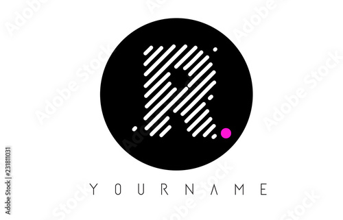 R Letter Logo Design with White Lines and Black Circle